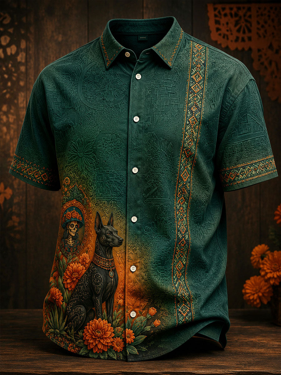 Camisa de lino para hombre con estampado floral mexicano del Día de los Muertos