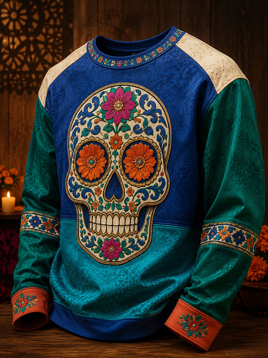Sudadera estampada con diseño floral del Día de los Muertos mexicano para hombre
