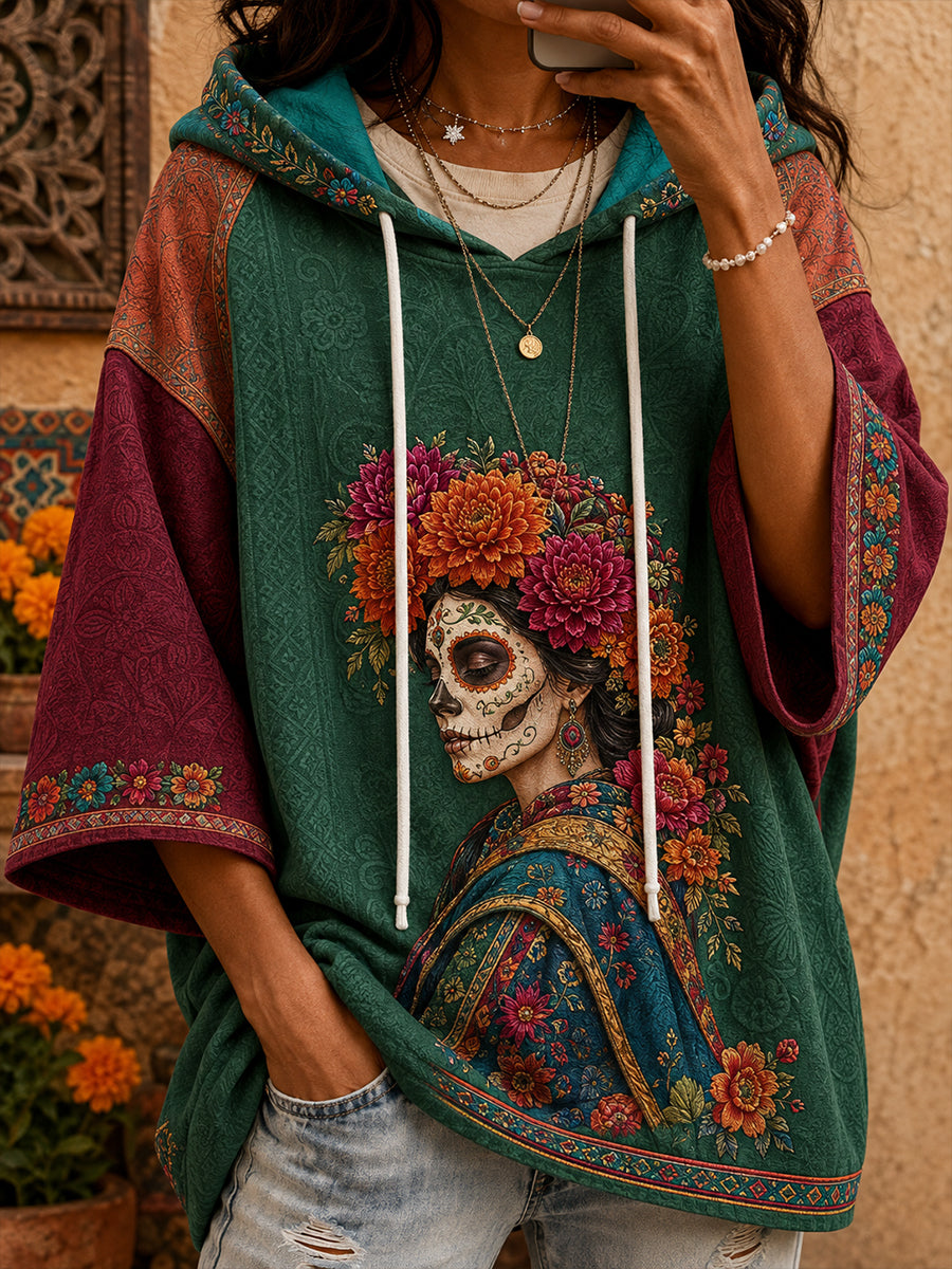 Sudadera con capucha para mujer de México, estampada con arte floral del Día de los Muertos