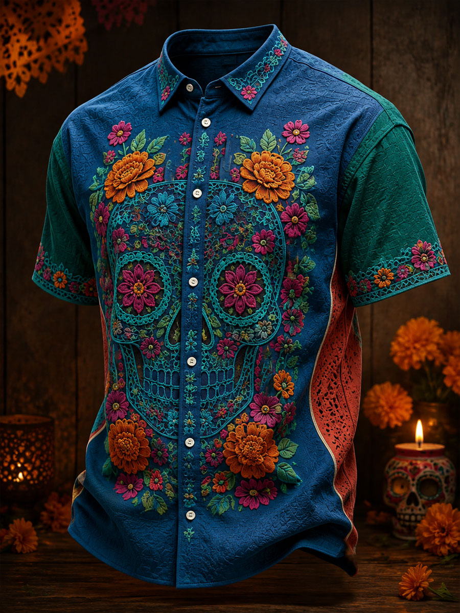 Camisa de lino para hombre con estampado floral mexicano del Día de los Muertos