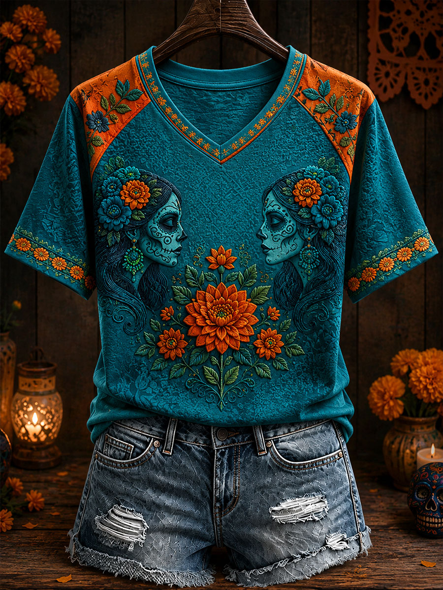 Camiseta estampada con arte floral del Día de los Muertos mexicano para mujer