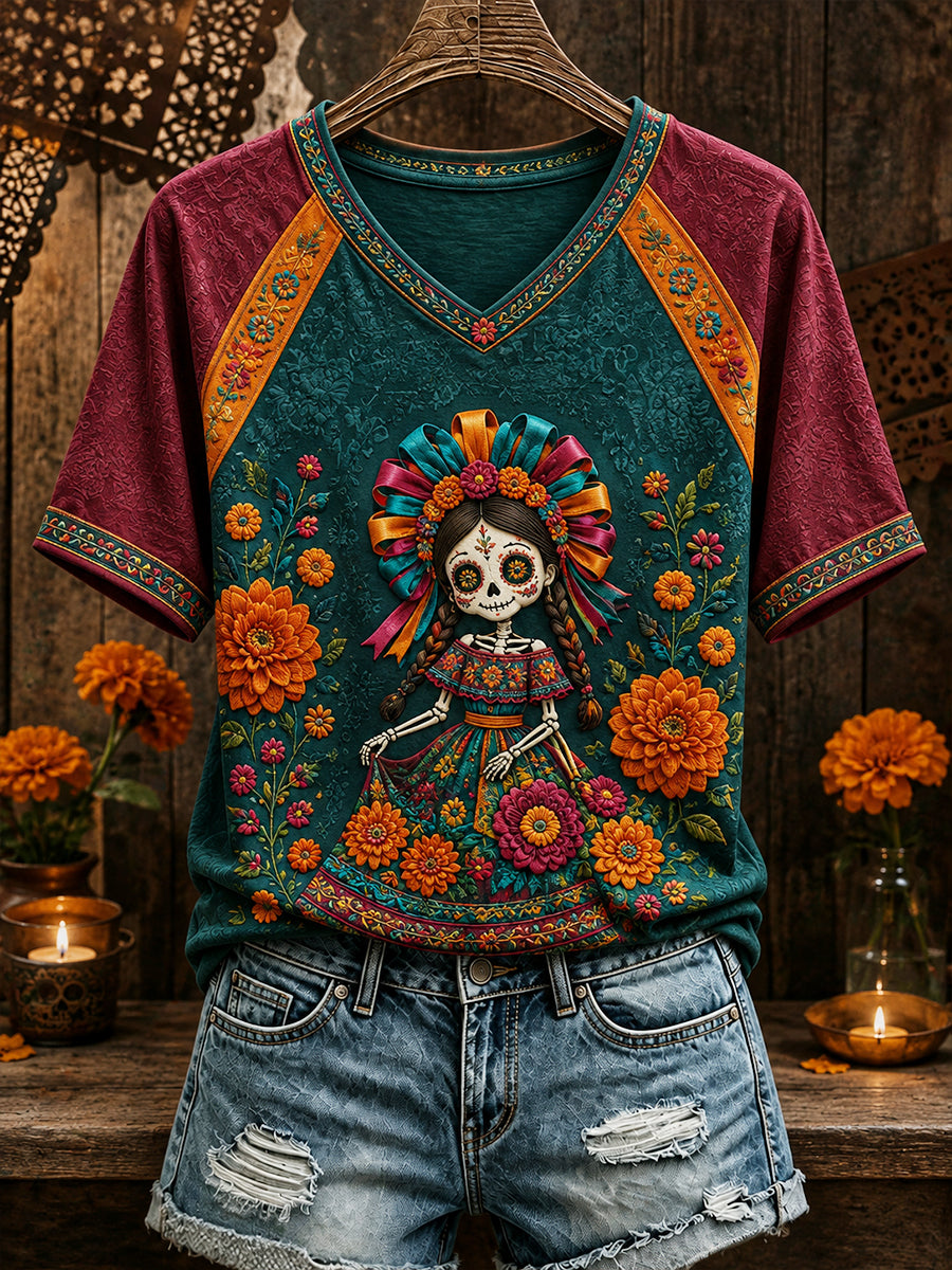 Camiseta estampada con arte floral del Día de los Muertos mexicano para mujer