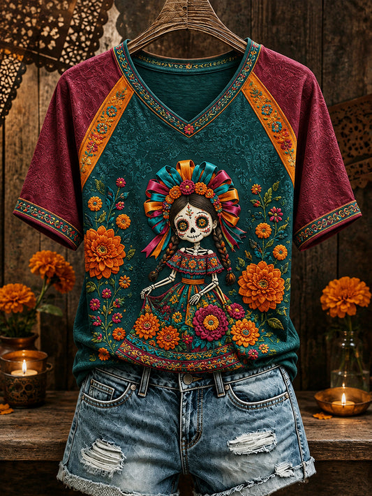 Camiseta estampada con arte floral del Día de los Muertos mexicano para mujer