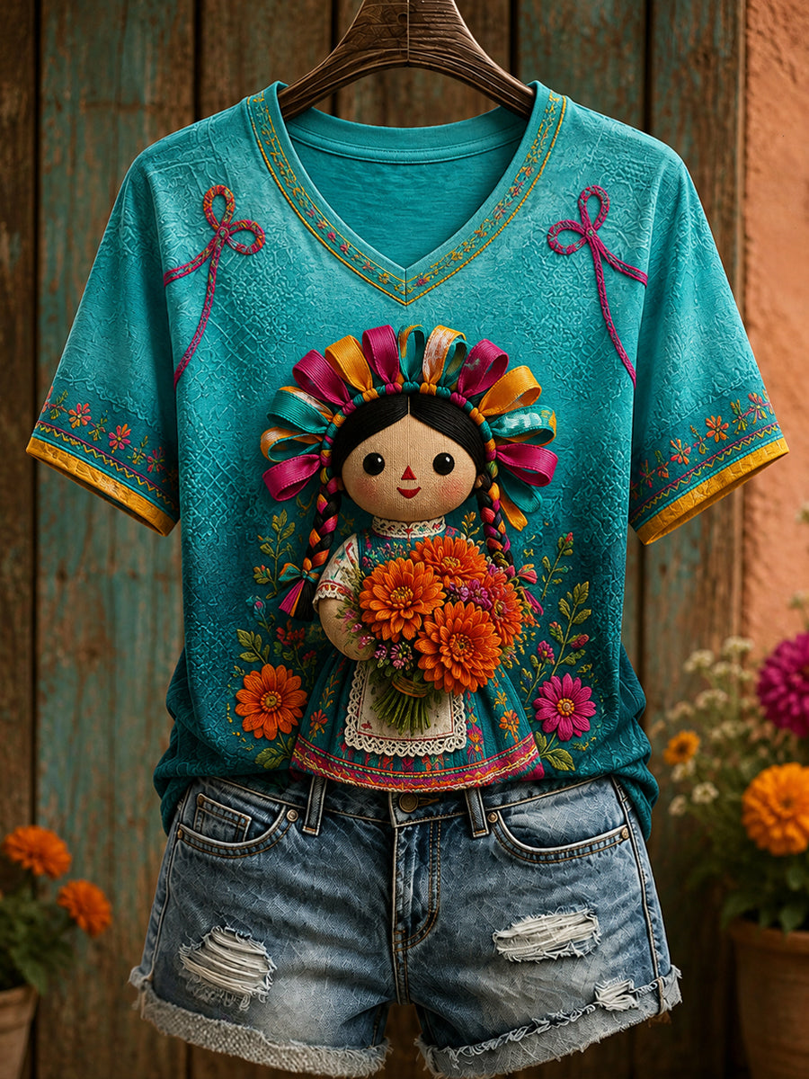 Camiseta estampada México Lele Doll Floral Art para mujer
