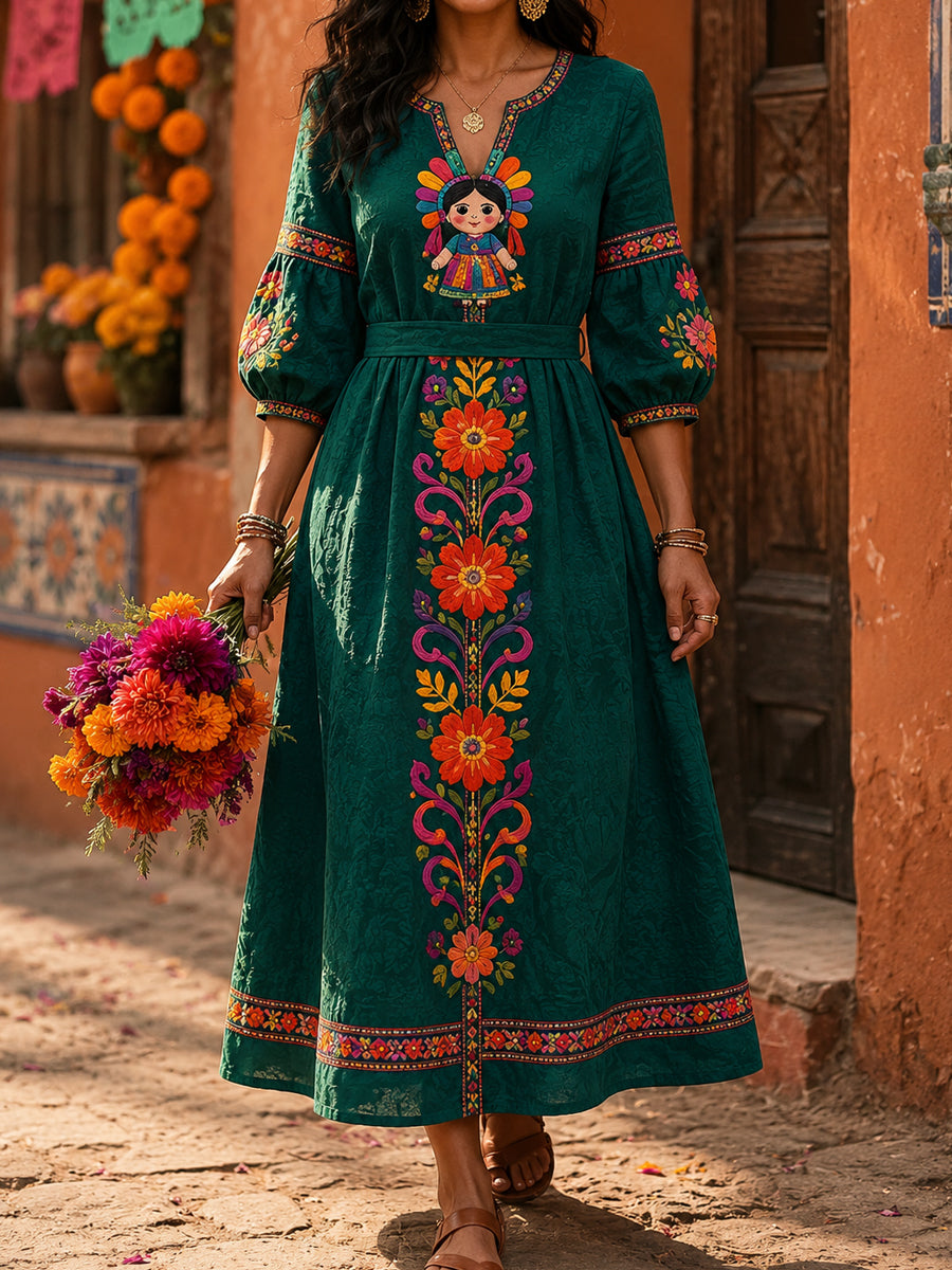 Vestido de lino estampado con diseño floral de muñeca Lele mexicana para mujer