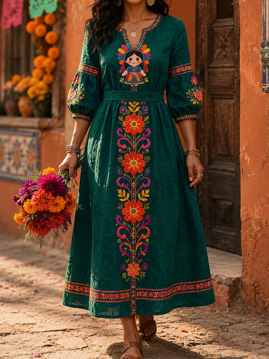 Vestido de lino estampado con diseño floral de muñeca Lele mexicana para mujer