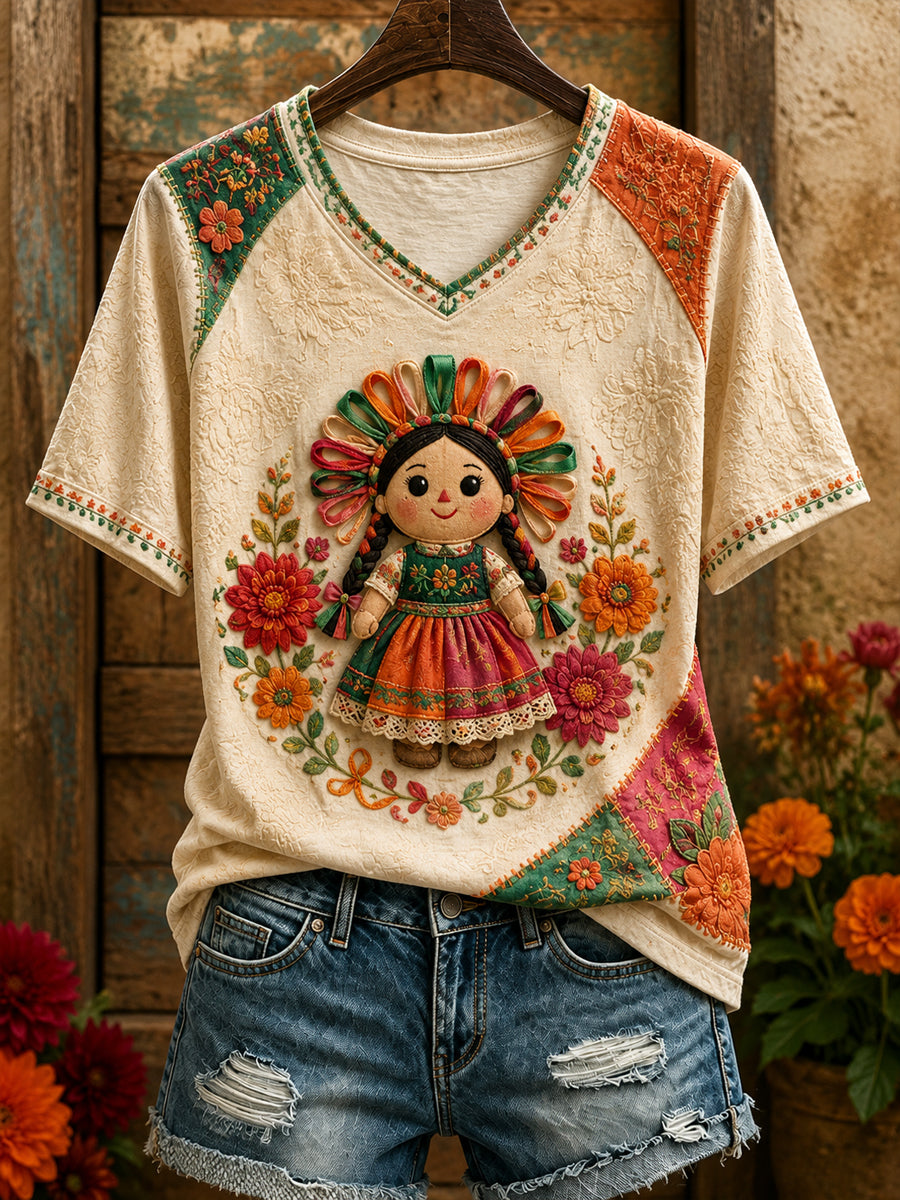 Camiseta estampada con diseño floral de la muñeca Lele mexicana para mujer