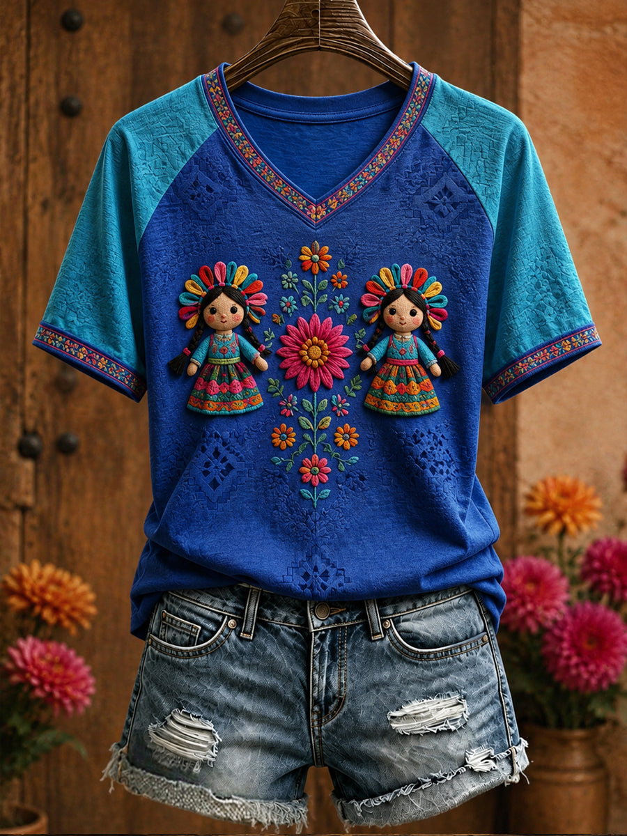 Camiseta estampada con arte de la muñeca Lele mexicana para mujer