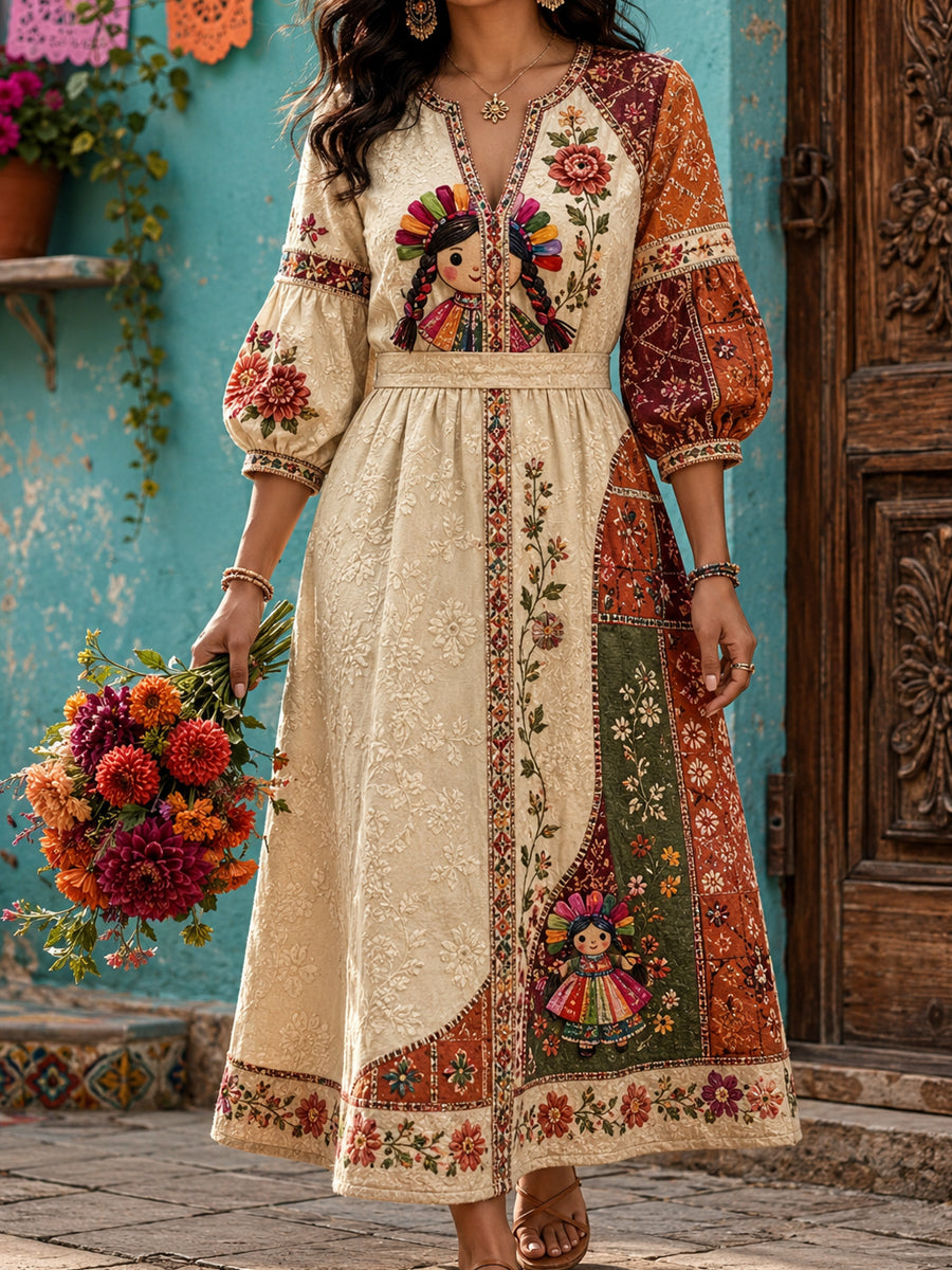 Vestido de lino estampado con diseño floral de muñeca Lele mexicana para mujer