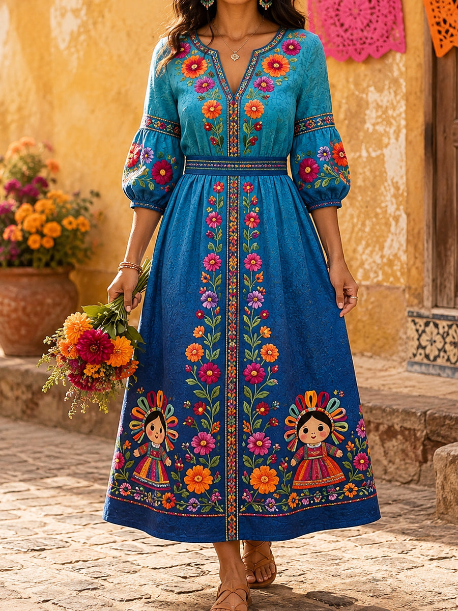 Vestido de lino estampado con diseño floral de muñeca Lele mexicana para mujer