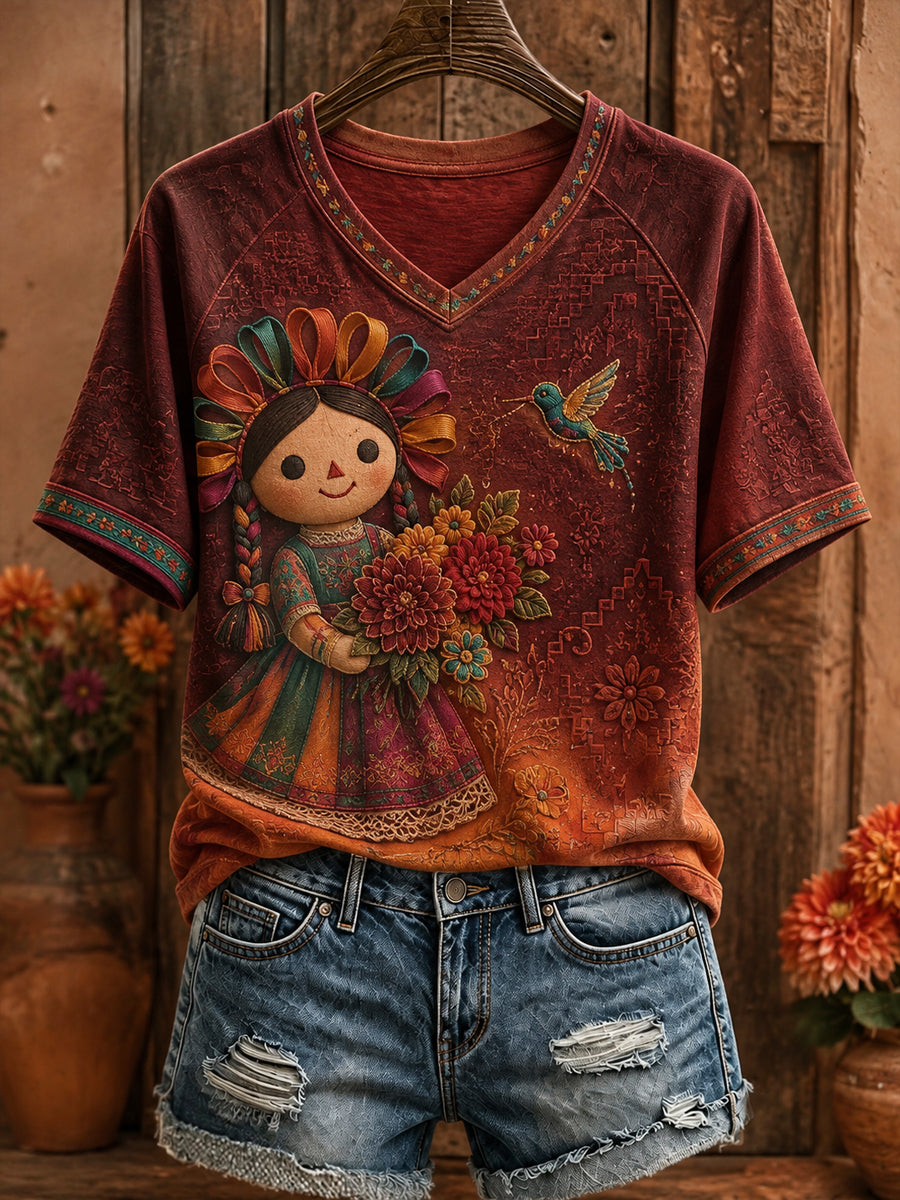 Camiseta estampada con arte de la muñeca Lele mexicana para mujer
