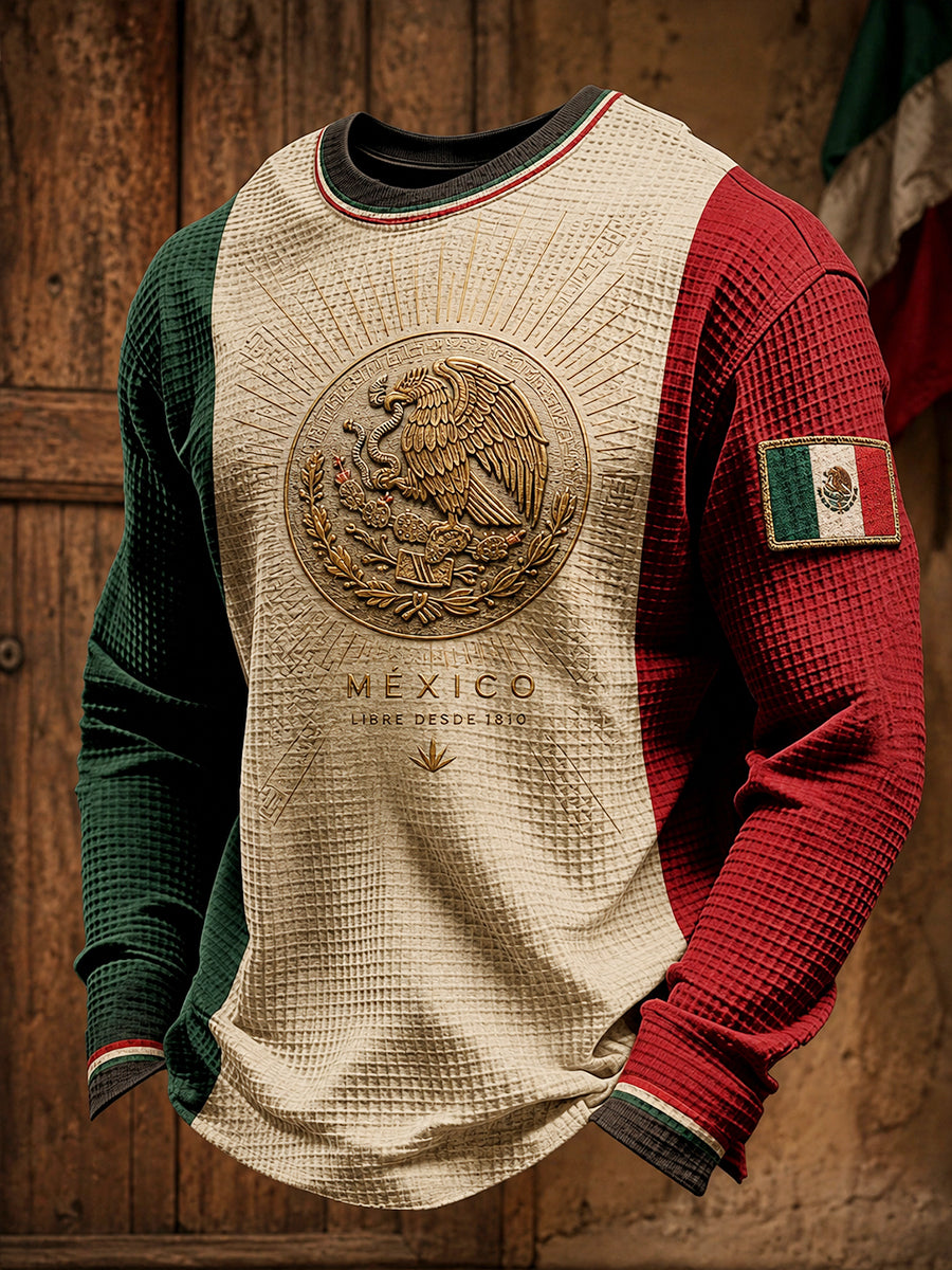 Sudadera de waffle con estampado artístico del Día de la Independencia de México para hombre