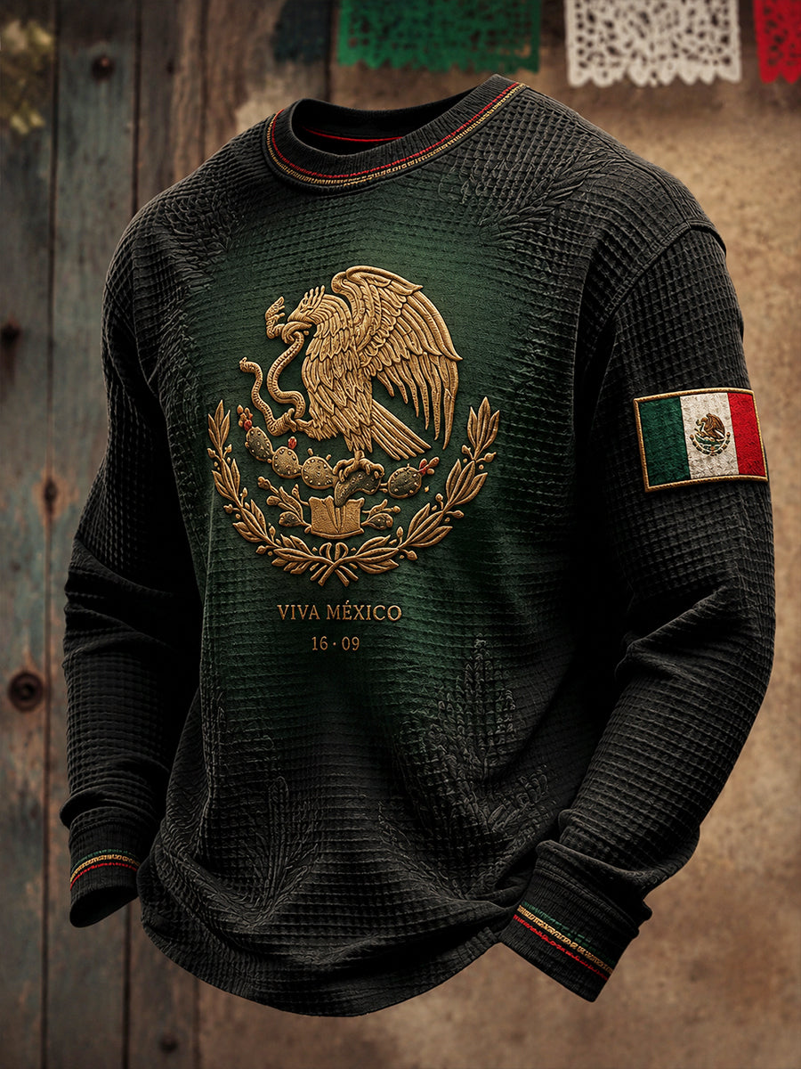 Sudadera de waffle con estampado artístico del Día de la Independencia de México para hombre