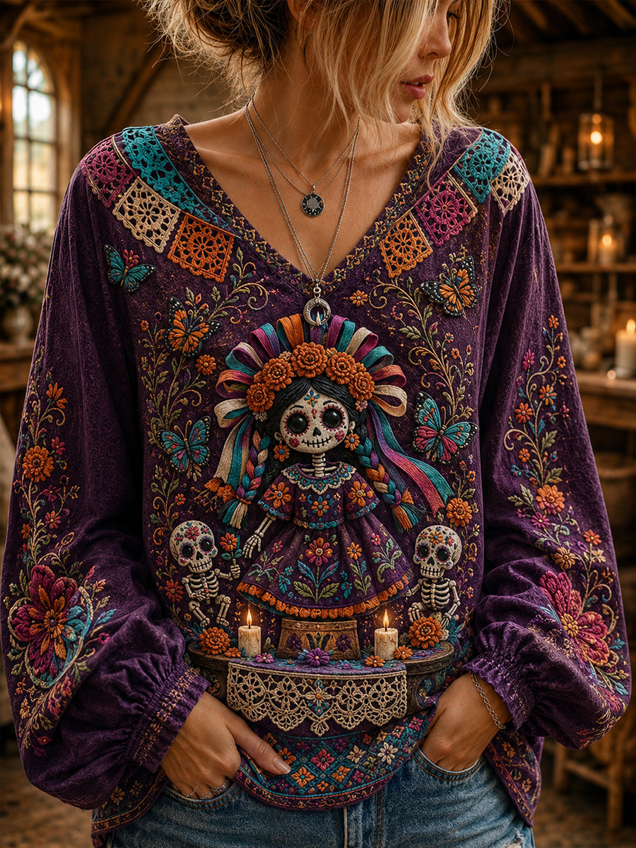 Camisa de manga larga con cuello en V, de algodón y lino, para el Día de los Muertos en México, estilo femenino