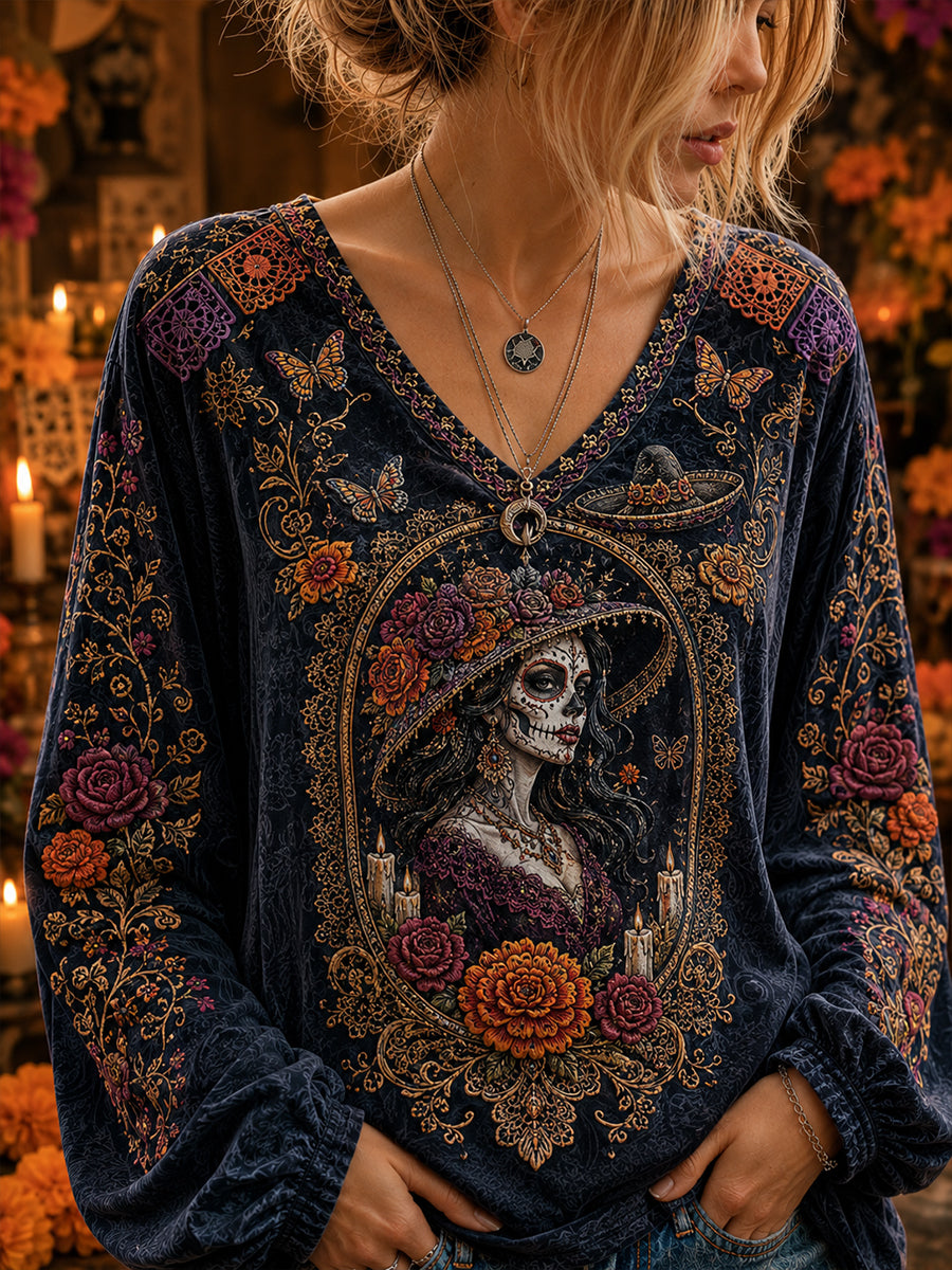 Camisa de manga larga con cuello en V, de algodón y lino, para el Día de los Muertos en México, estilo femenino