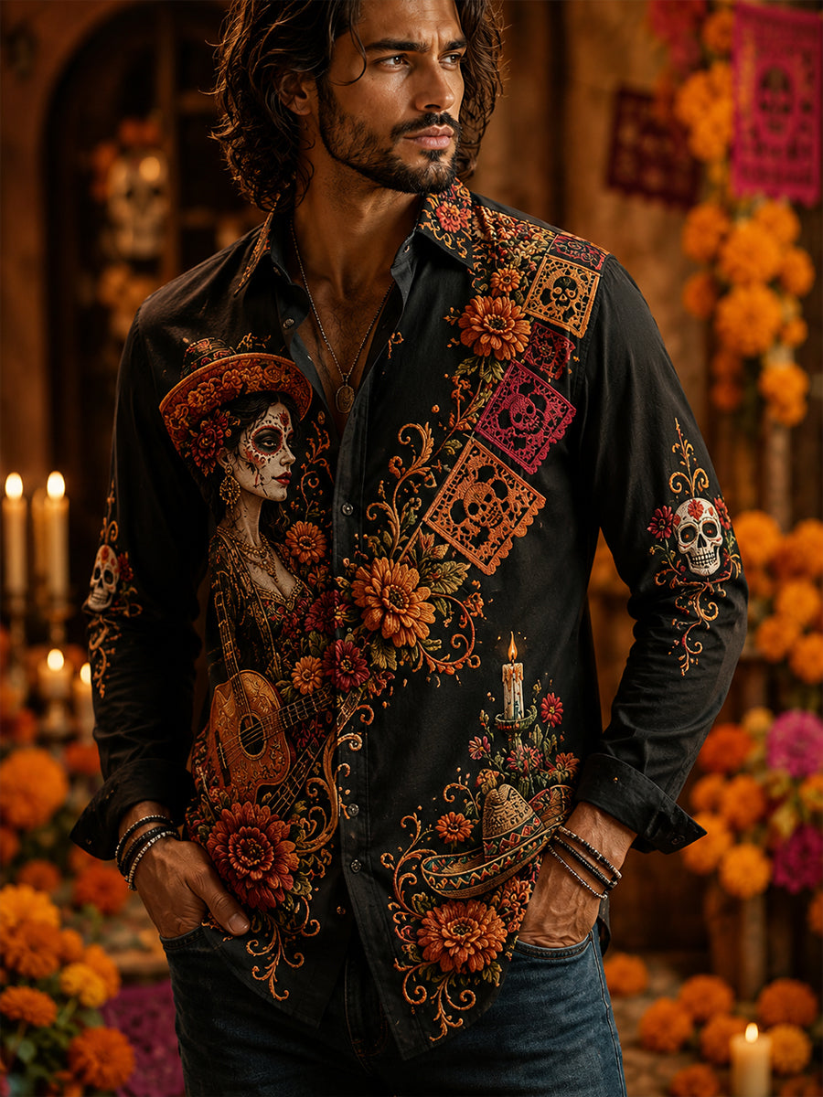 Camisa de waffle para hombre con diseño mexicano del Día de los Muertos