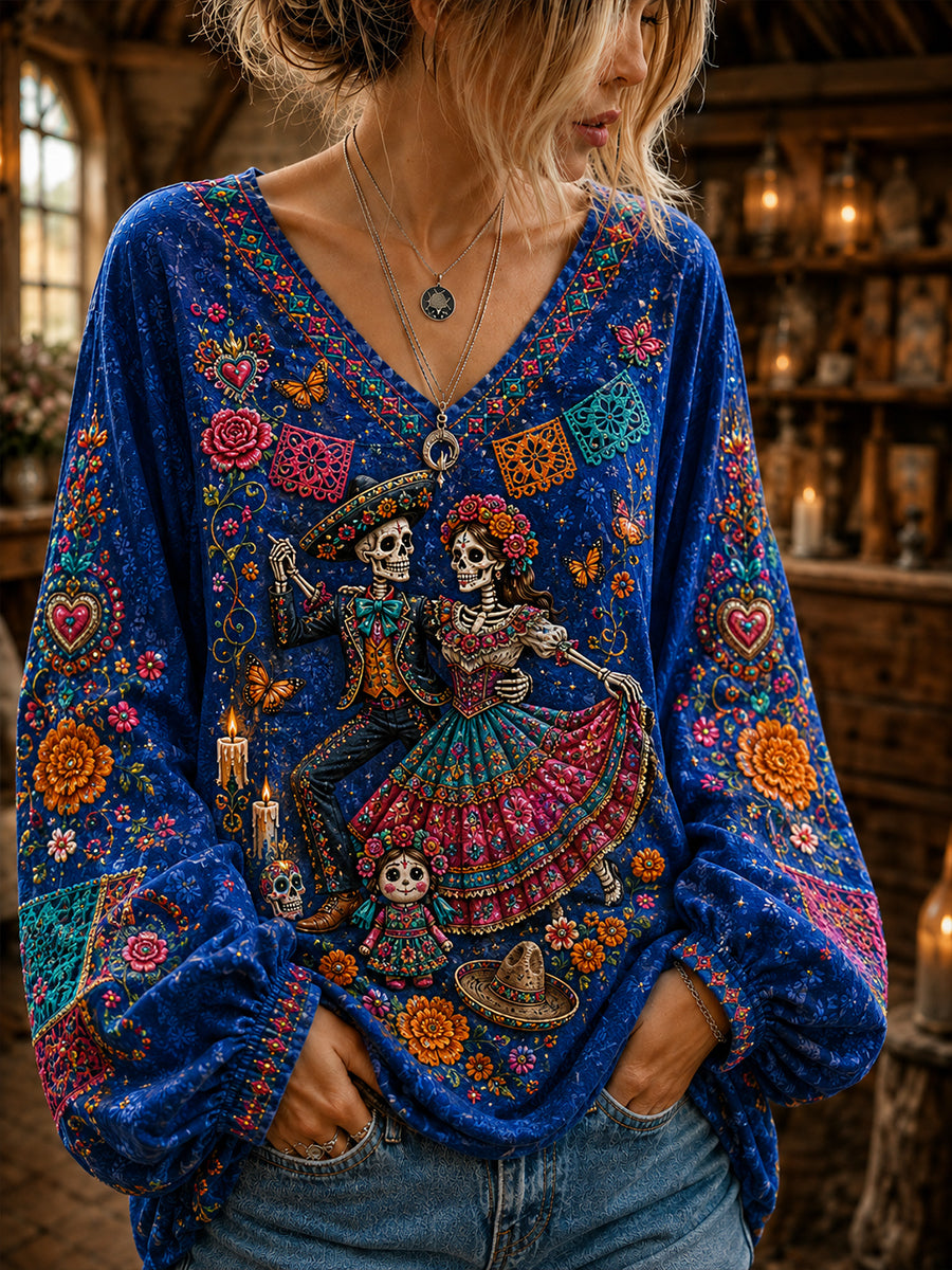 Camisa de manga larga con cuello en V, de algodón y lino, para el Día de los Muertos en México, estilo femenino