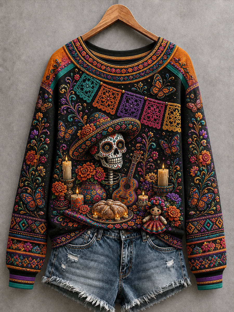 Camiseta de manga larga con cuello redondo para mujer del Día de los Muertos de México