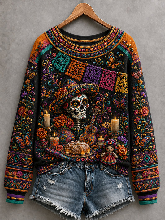 Camiseta de manga larga con cuello redondo para mujer del Día de los Muertos de México