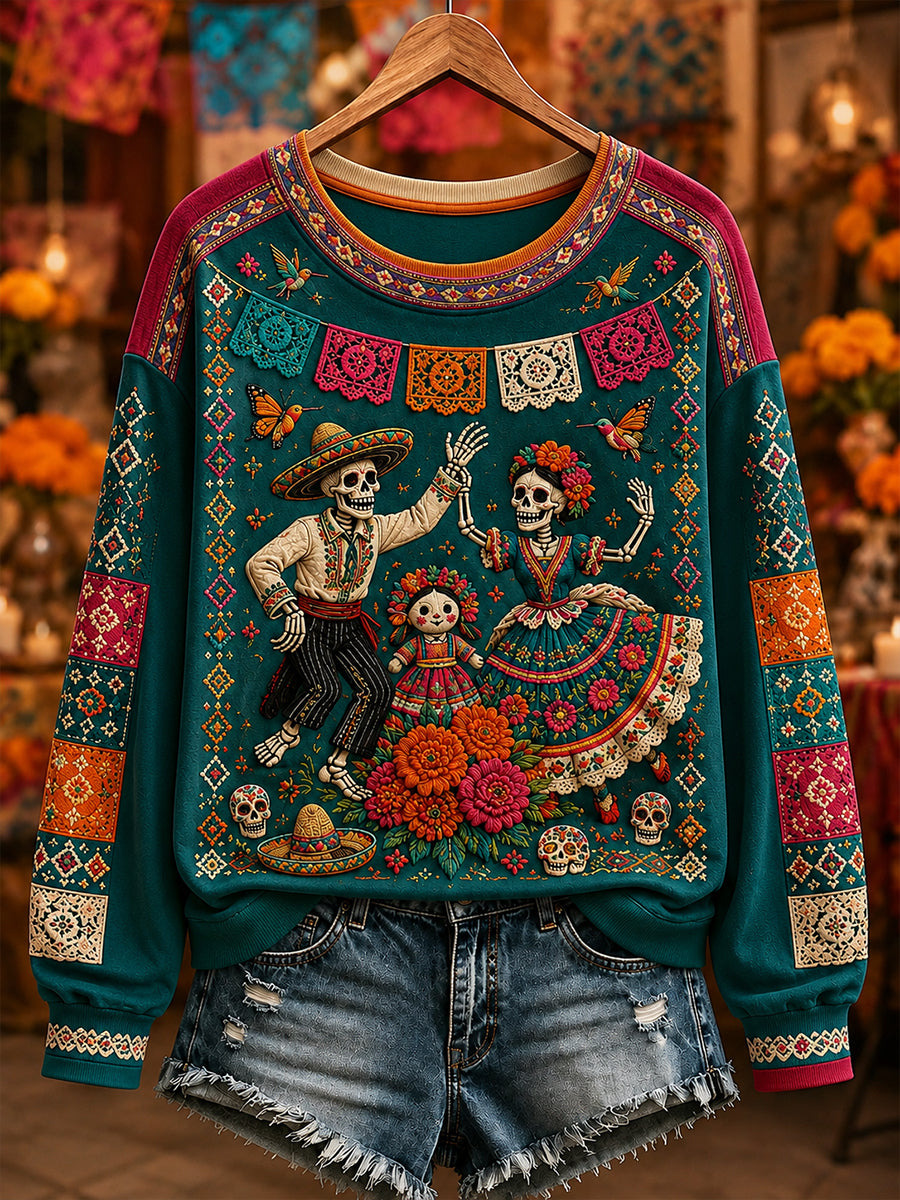 Camiseta de manga larga y cuello redondo para mujer, con diseño del Día de los Muertos de México