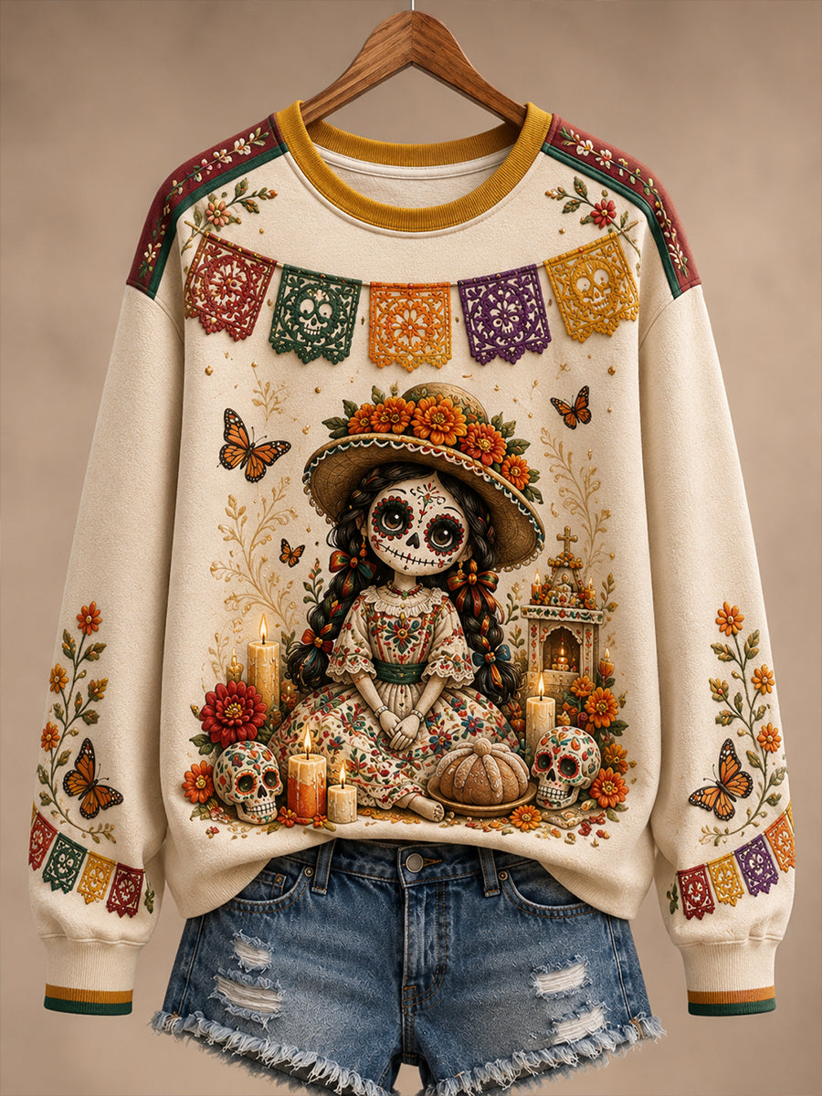 Camiseta de manga larga y cuello redondo para mujer, con diseño del Día de los Muertos de México