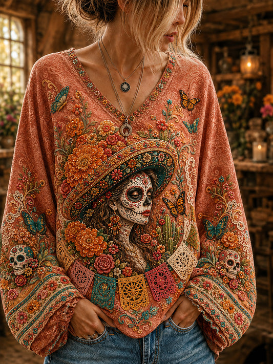 Mujer México Día de los Muertos Algodón Lino V-cuello Manga Larga