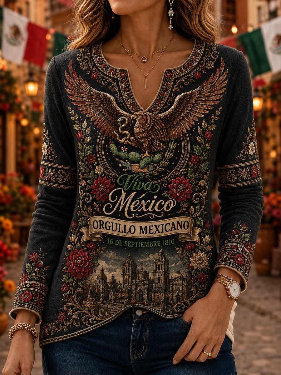 Manga larga con cuello en V para el Día de la Independencia de México, para mujer