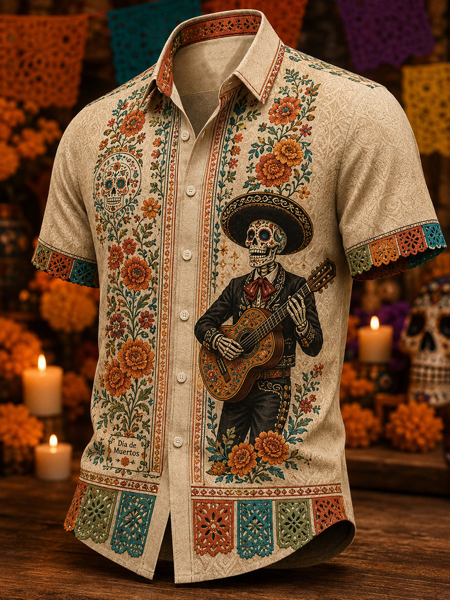 Camisa casual de Día de Muertos mexicano para hombre, de manga corta