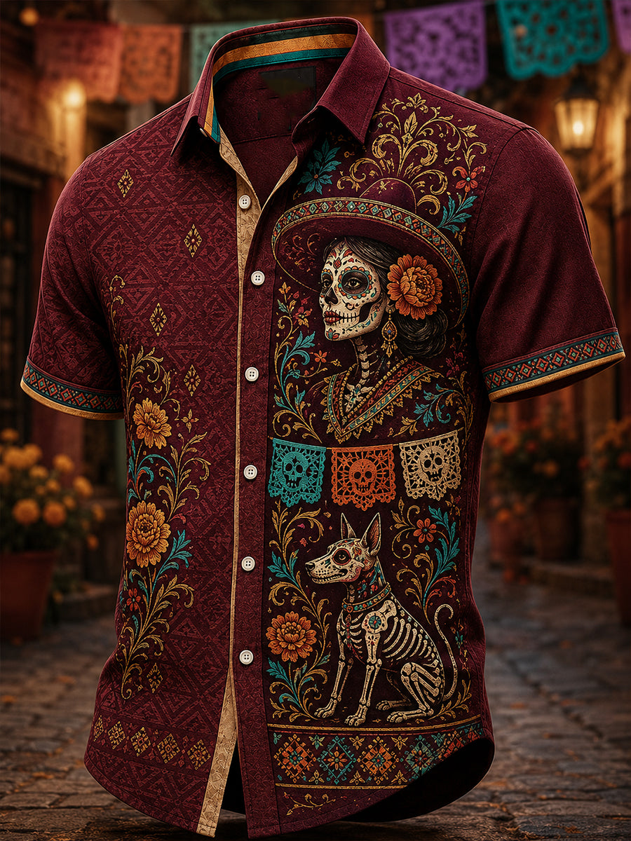 Camisa casual de Día de Muertos mexicano para hombre, de manga corta