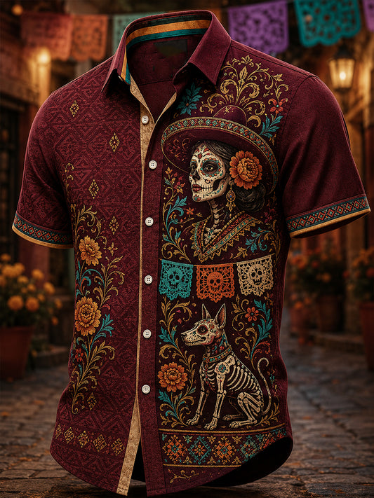Camisa casual de Día de Muertos mexicano para hombre, de manga corta