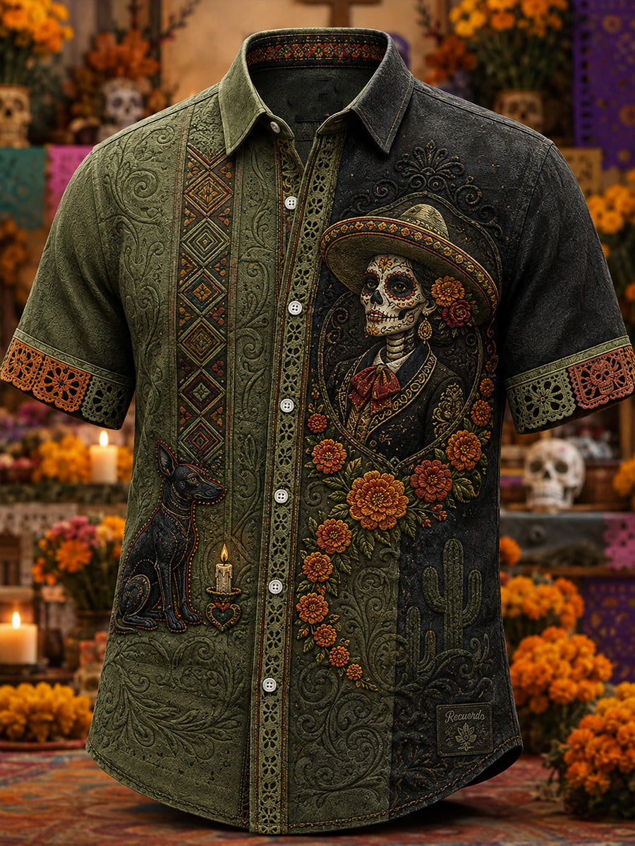 Camisa casual de Día de Muertos mexicano para hombre, de manga corta