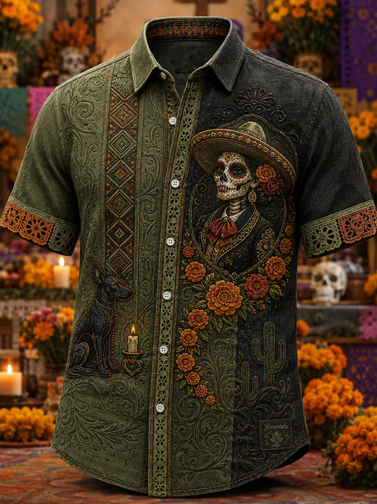 Camisa casual de Día de Muertos mexicano para hombre, de manga corta