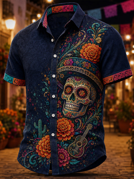 Camisa casual de Día de Muertos mexicano para hombre, de manga corta