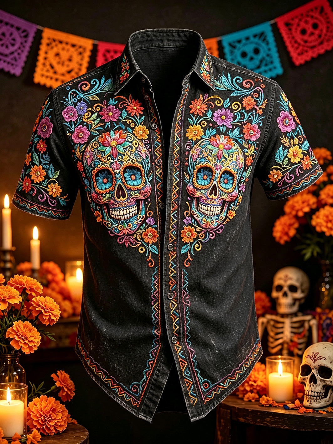 Camisa casual de manga corta para hombre con estampado del Día de los Muertos, flores y calavera