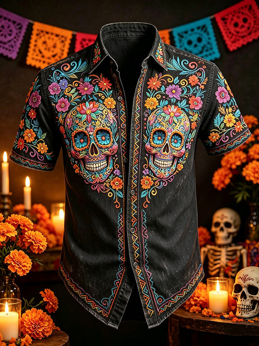 Camisa casual de manga corta para hombre con estampado del Día de los Muertos, flores y calavera