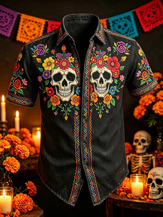 Camisa casual de manga corta para hombre con estampado del Día de los Muertos, flores y calavera