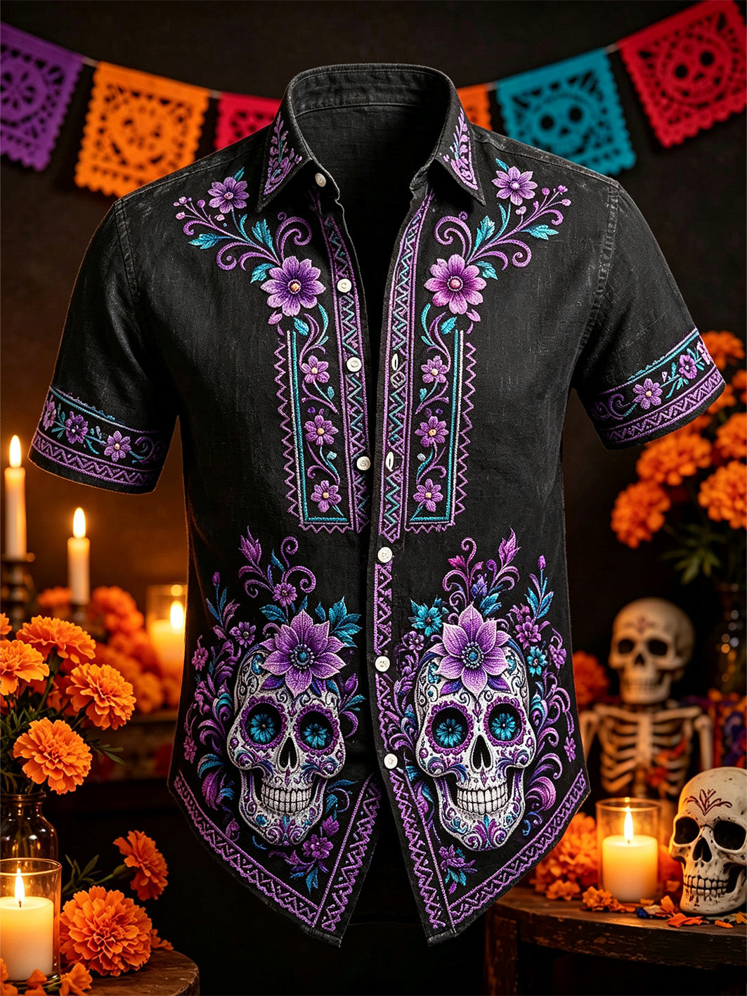 Día de los hombres de la planta muerta flor y cráneo patrón de impresión casual camisa de manga corta