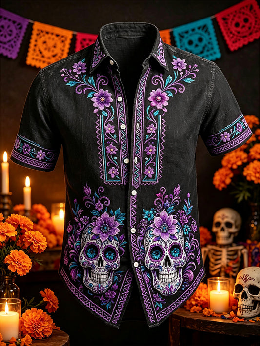 Día de los hombres de la planta muerta flor y cráneo patrón de impresión casual camisa de manga corta