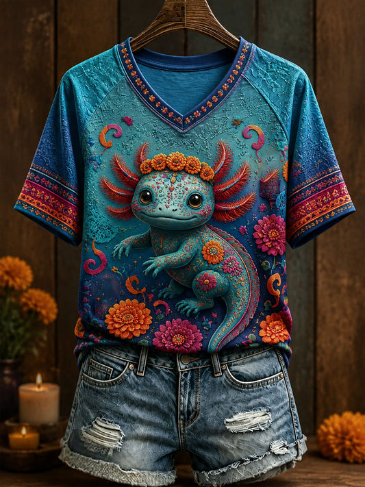 Camiseta estampada con arte floral del Día de los Muertos mexicano para mujer