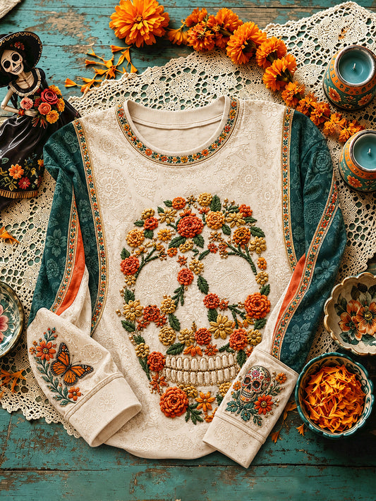 Sudadera estampada con diseño floral del Día de los Muertos mexicano para mujer