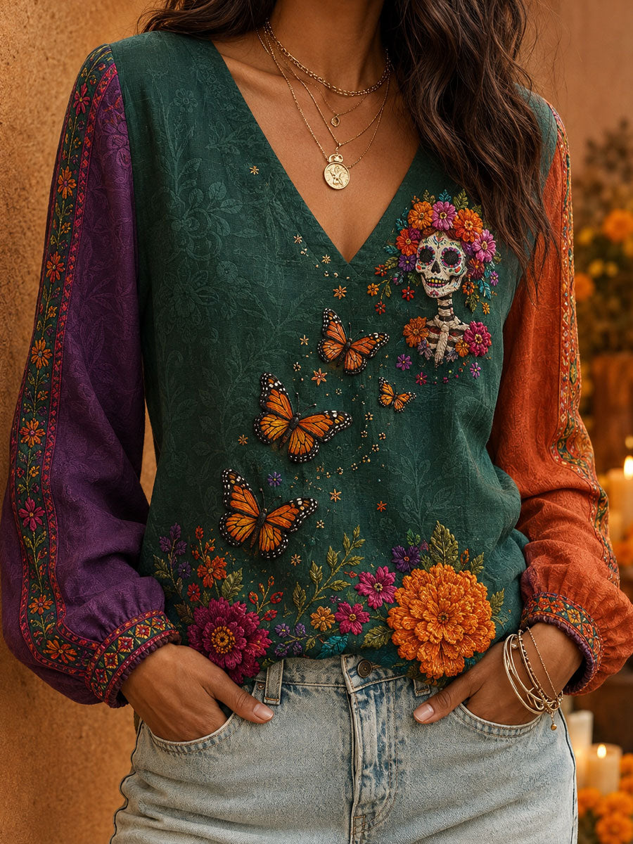Camisetas estampadas con arte floral del Día de los Muertos mexicano para mujer
