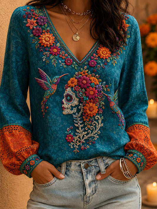 Camisetas estampadas con arte floral del Día de los Muertos mexicano para mujer