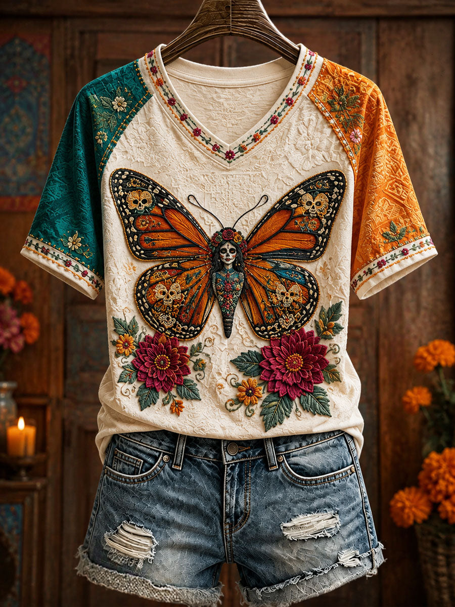 Camiseta estampada con arte floral del Día de los Muertos mexicano para mujer