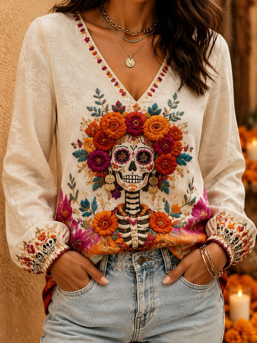 Camisetas estampadas con arte floral del Día de los Muertos mexicano para mujer