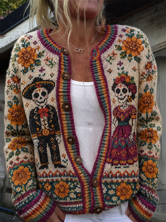 Cárdigan con estampado de calaveras de azúcar del Día de Muertos, flores mexicanas y diseño de isla para mujer