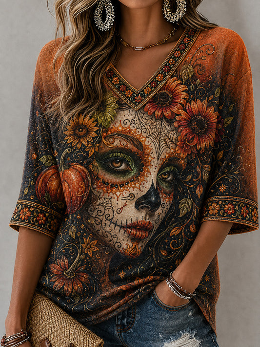 Camiseta casual de manga media con cuello en V, estampada con motivos del Día de la Muerte para mujer