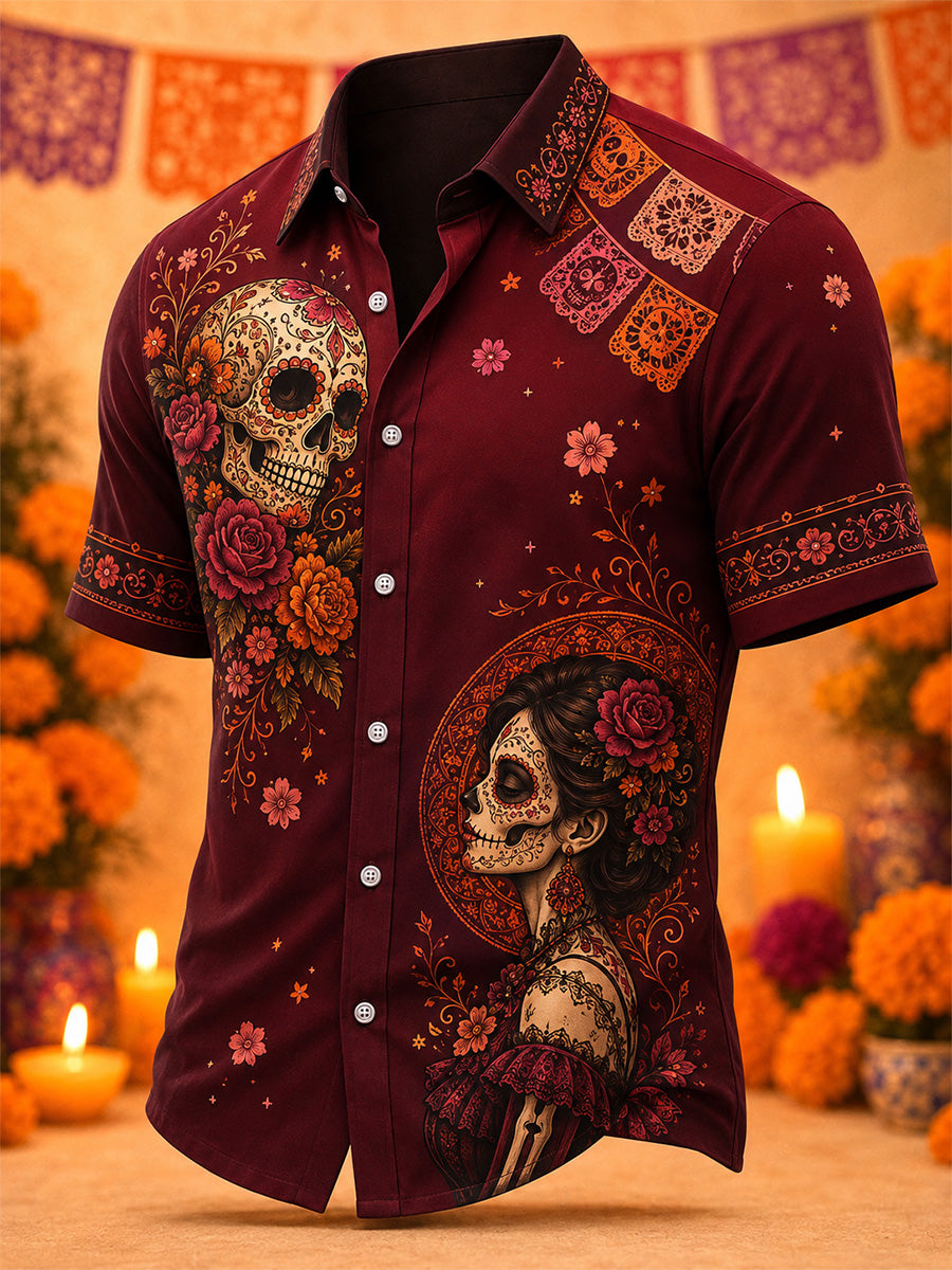 Camisa casual con estampado artístico del Día de los Muertos mexicano para hombre