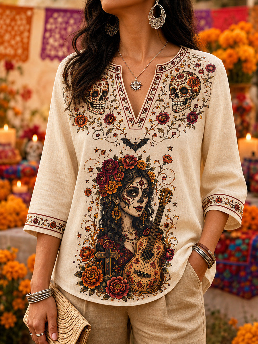 Camiseta informal con cuello en V y estampado artístico mexicano del Día de los Muertos para mujer
