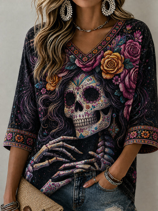 Camiseta casual de manga media con cuello en V, estampada con motivos del Día de la Muerte para mujer