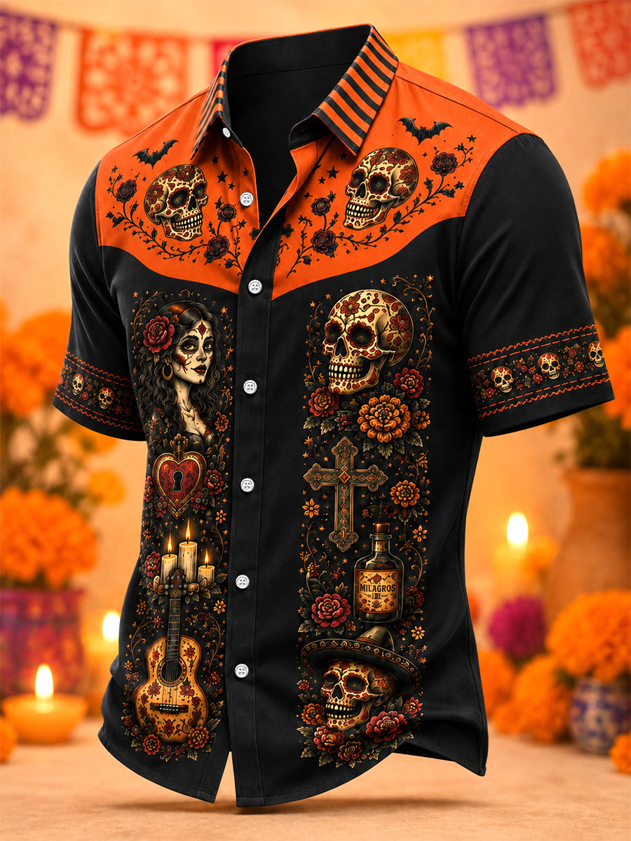 Camisa casual con estampado artístico del Día de los Muertos mexicano para hombre